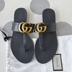 GUCCI Black Marmont Gold Bronze Metal GG Logo Sandals Flip Flops